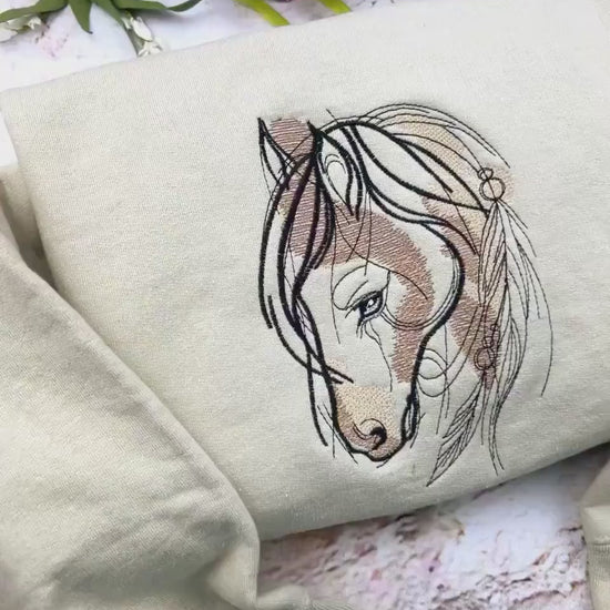 Horse Embroidered Crewneck Sweatshirt - Stallion Shirt - Horse Lovers