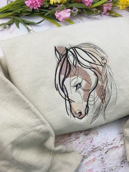 Horse Embroidered Crewneck Sweatshirt - Stallion Shirt - Horse Lovers